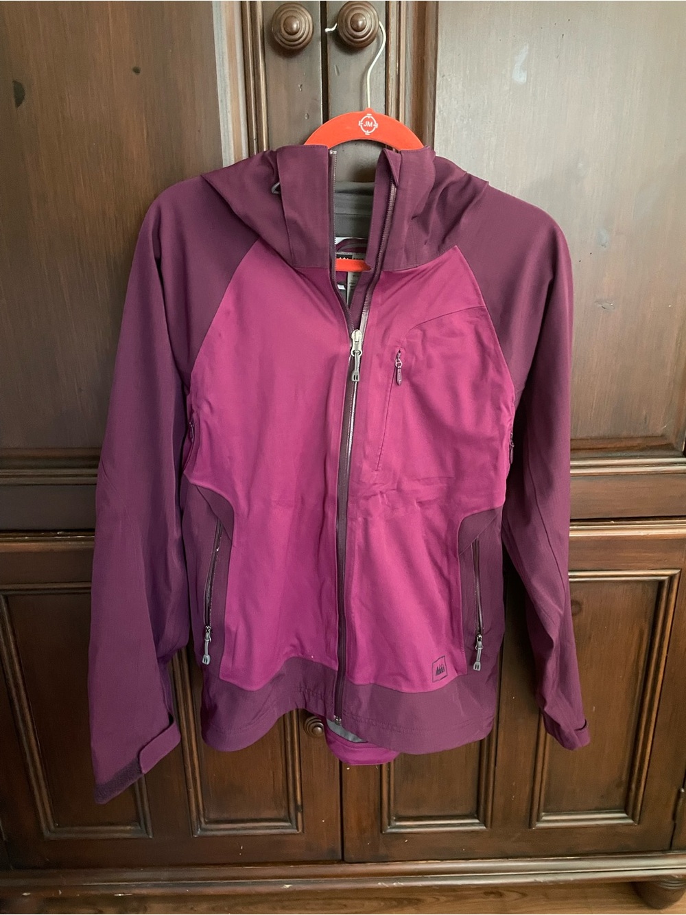 REI Two-Tone Plum Hooded Jacket - Water Resistant Outdoor Shell, Women’s M